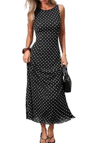 ELLEVEN Womens Maxi Polka Dot Mesh Tank Dress Elegant Vintage Long Flowy Sleeveless Sexy Bodycon Airy Tulle Dresses for Women Formal Casual Boho Summer Vacation Sundress Black Small