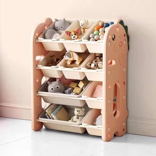 Image of oddpod Dino Kids Toy Organizer Storage Racks with Bins, Cute Cartoon Montessori Plastic Bookshelf for Children & Bedroom Shelf for Baby Hardline Toys, Books, Clothes & Games - Pink (8+2 Bins)