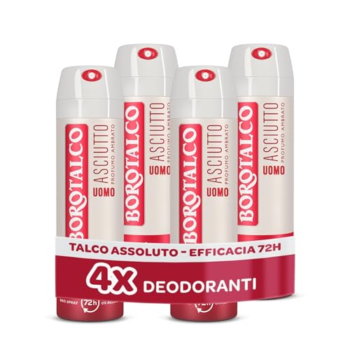 Borotalco, Deodorante Uomo Spray Asciutto Ambrato, con Talco Assoluto, Assorbe il Sudore, Senza Alcool, Profumo Ambrato, 72h efficacia - 4 Pezzi da 150 ml - Esclusiva Amazon