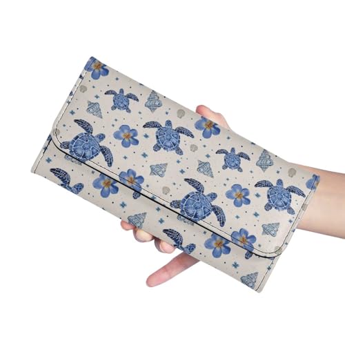 Image of AFPANQZ Womens Wallets RFID Blocking Leather Clutch Long Wallet for Women, Turtle Blue Floral Card Holder Phone Organizer Ladies Travel Purse Hollow Out