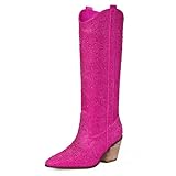 Ouepiano Women's Cowboy Boots Cowgirl Western Rhinestones Boots Pointed Toe Low Chunky Heel Pull On Knee High Cowboy Boots for Women,Girl,Party