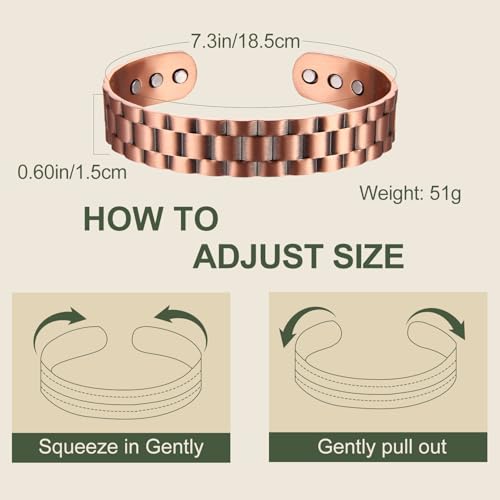 MagEnergy Copper Bracelet for Men 99.9% Pure Copper Bangle 7.3" Adjustable with 6 Magnets (Copper)