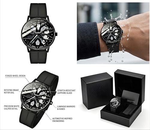 Image of Oculus Men's 3D Car Wheel Rotating Watch, Luxury Sport Quartz with Hollow Hub Dial, Magnetic Silicone Strap, Automotive-Inspired Design, Black Magnetic Straps