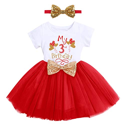 My 1st 3rd Birthday Party Dress for Baby Girls Princess Shiny Sequin Bow Tutu Gown Infant Toddler Polka Dot Tulle Skirt with Headband Clothes Set Red - My 3rd Birthday Heart (2PCS) 3 Years