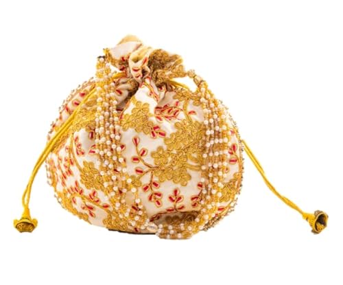 Tarini Gallery - Tarini Gallery Potli Clutch Off White Batawa Bag Purse Embroidered Embellished Handmade Traditional Ethnic Golden Work Ladies Handbag for Girls Women for Party Wedding Special Occasion and Gifting