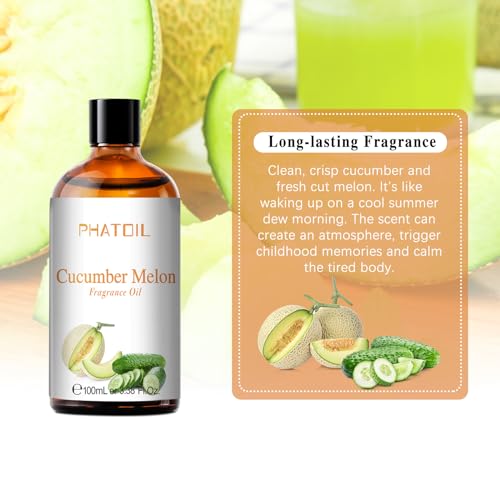 PHATOIL 3.38FL.OZ Cucumber Melon Fragrance Oils for Aromatherapy, Essential Oils for Diffusers for Home, Perfect for Diffuser, Yoga, Skin Care, DIY Candle and Soap Making - 100ml