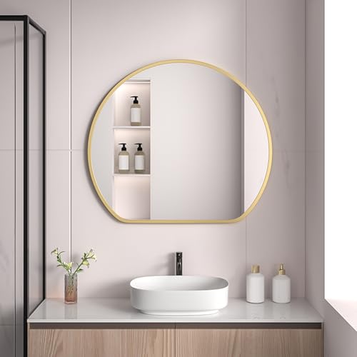 QATGQBCF Espejo De Pared, Espejo Semicircular para Baño con Marco De Aluminio, HD, A Prueba De Explosiones, Espejo Moderno para Baño, Tocador, Entrada, Sala De Estar.(Gold,40x35CM)