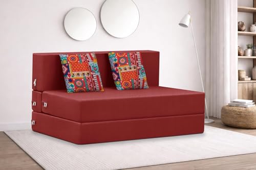 Image of Rosebell Two Seater Foldable Sofa Cum Bed (4x6 Feet) Jute Fabric, Washable Removable Cover, Includes Cushion | Space Saving Convertible Sofa Bed for Home, Office & Guests - Red Color