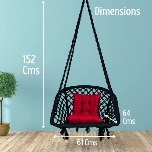 Image of Swingzy Cotton Netted Rope D Shape Hammock Hanging Swing Chair /Jhula for Adults & Kids /Swing with L Shape Red Cushion for Indoor, Outdoor, Garden /Swing Chair with Free Hanging Accessories (Black)