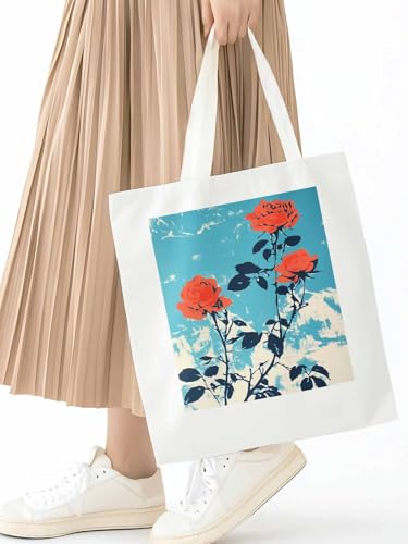 Red Botanical Floral Herbs Canvas Tote Bag, Aesthetic Canvas Tote Handbags for Women Shoulder Bag2