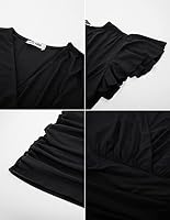GRACE KARIN Frauen Plissee Bauchweg Bluse V-Ausschnitt Sexy Oberteile Kurzarm Slim Fit Einfarbig Tunika Schwarz S – Ansicht 5