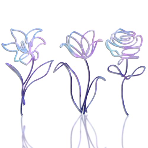 Oubasa 3 Pieces Metal Flowers Wall Arts Decor, Rustic Farmhouse Metal Wall Art Purple Minimalist Floral Decor for Bathroom Kitchen Bedroom Living Room, 6x10 Inches - Housewarming Gifts