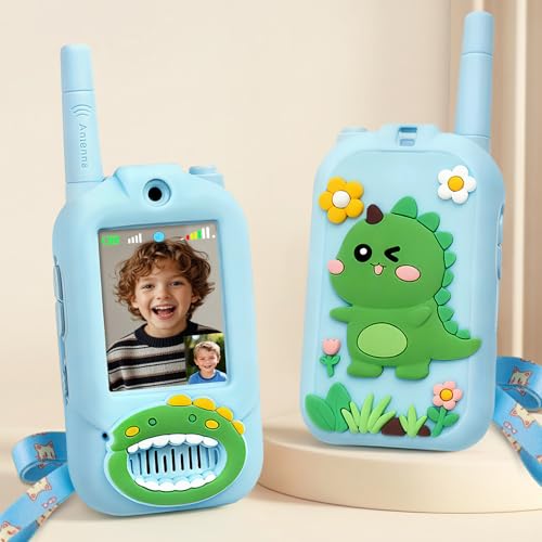 Walkie Talkie for Kids with Video: 2 Pack Rechargeable Toddler Toys with HD Camera & Voice Changer, Long Range Gift Toys for Boy & Girl Age 3-8 for Outdoor Play, Camping (Dinosaur Blue)
