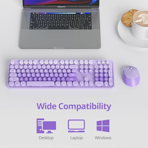 Image of GTSP Colorful Purple Wireless Keyboard and Mouse Combo, Retro Typewriter Wireless Full-Size Cute Office Keyboard 2.4GHz with Round Keycaps for Desktop Laptop and PC (Cute Purple)