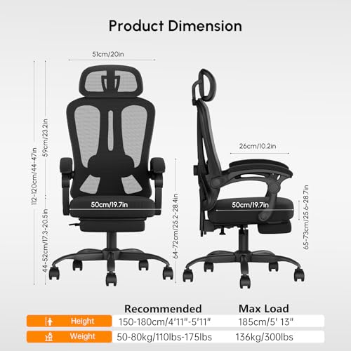 HapGIFT Office Chair, Ergonomic Office Chair with Footrest, Mesh Computer Chair for Adults, Adjustable Height Desk Chair with Adjustable Headrest, Home Work Chairs with Link Armrest, 350LBS, Black