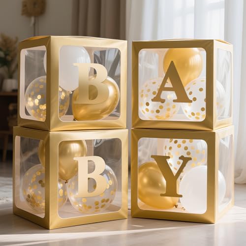Image of Ledido Baby Boxes with Letters for Baby Shower Decorations with 38 Balloons, 4 pcs Clear Baby Balloon Boxes Blocks for Baby Shower Decor Boy Girl Gender Reveal Decorations Backdrop Party (Gold)
