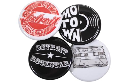 Detroit Music Pin Back Button Set – 1.25" Round Flair Pins – Pack of 4 Featuring Motown, Rock City Cassette, Detroit Rockstar & Retro Motor City Designs