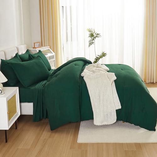 Litanika Super King Plus Comforter Sets Emerald Green - 7 Pieces Bed in a Bag Oversized King Bedding Comforter Sets, Solid Lightweight Bed Set with Comforter, Sheets, Pillowcases & Shams