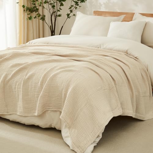 Image of EMME Muslin Blankets for Adults Throw Blanket for Couch Breathable Gauze Soft Lightweight Airy Beige Super King 120 inch x 94 inch