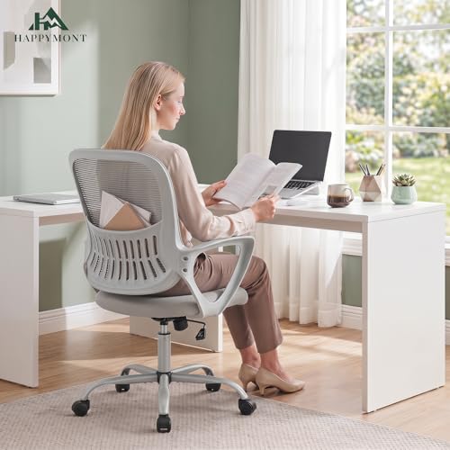 Image of Home Office Desk Chair, Ergonomic Mid-Back Mesh Computer Task Chair with Comfortable Lumbar Support, Height Adjustable Swivel with Fixed Armrest for Adults, Student, Grey