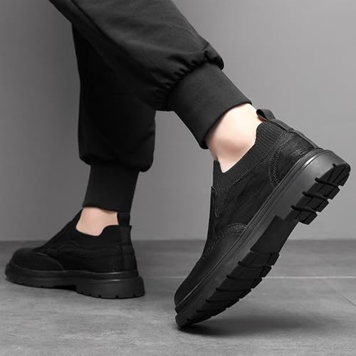 Men's Leather Splicing Platform Wingtip Loafers Round Toe Breathable Lug Sole Slip On Brogue Dress Shoes for Business Office Casual 7