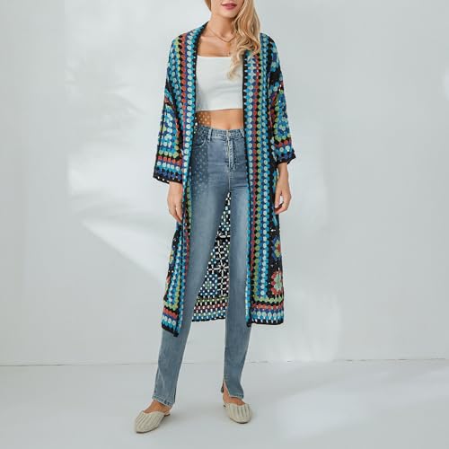 Women Vintage Crochet Granny Square Cardigan Jumper Long Sleeve Open Front Floral Knit Sweater Knitwear Long Cardigan2