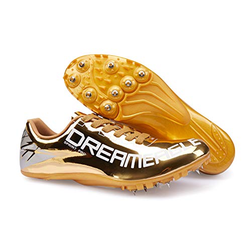 TauLene Women Men Sprint Track Shoes Athletics Track Spikes (10 M US, Gold)
