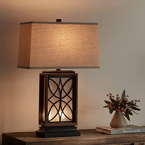 Franklin Iron Works Arthur Rustic Farmhouse Table Lamp With Usb And Ac Power Outlet In Base Led Nightlight 27.5" Tall Bronze Rectangular Oatmeal Shade For Living Room Bedroom Bedside Nightstand #TOP5