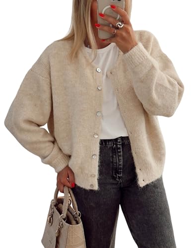 Women's Round Neck Button Down Long Sleeve Blouse Cardigan Loose Fit Knit Top Crewneck Sweater(Cream-L)