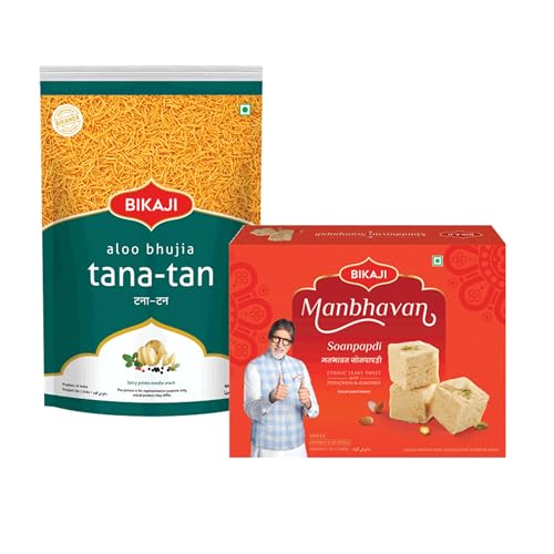 Soan-Papdi Manbhavan 500g & Tana-Tan (Aloo Bhujia) 200g, Total 700g (24.69 oz) – Indian Sweet & Spicy Snack Combo