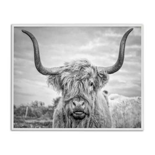 Grey Highland Cow Farmhouse, 16 x 20 Inch Framed Giclée Print