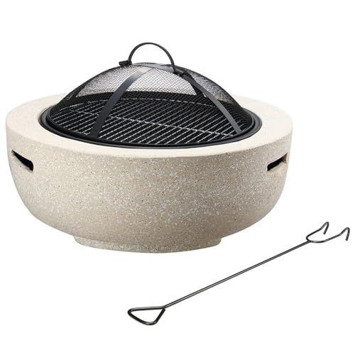 Gr8 Garden Round MGO Fire Pit Round Beige 55cm Large Barbecue Outdoor Garden Patio Barbeque with BBQ Cooking Grill Bowl Mesh Cover And Poker Camping Heater Burner