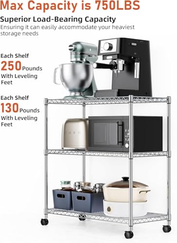 Image of Simple Deluxe Heavy-Duty 3-Tier Rolling Shelving Unit, Adjustable Steel Wire Shelf, 24.02 inch W x 13.78 inch D x 29.92 inch H, 750 lbs Capacity, Chrome Metal Storage Rack for Kitchen