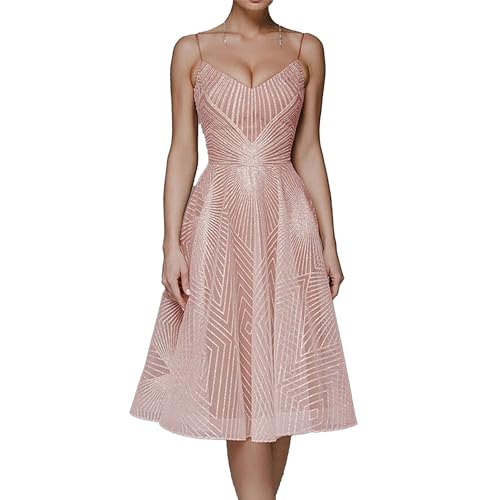 OULIWANGLUO Damen Neckholder Kurze Abendkleid Ärmellose Hochzeit Cocktailkleid Sexy Elegant Partykleid Kleid (Rosa,M)