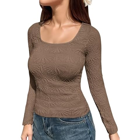 FIGKICKSEN Long Sleeve Tops for Women Lettuce Trim Square Neck Crop Tops Backless Slim Fit Going Out Casual Shirts Tops Cover