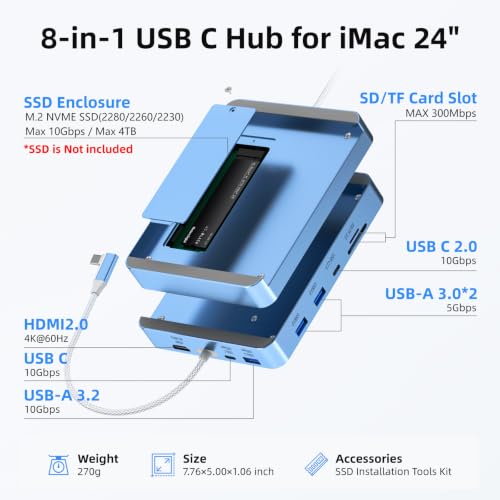 Image of USB C Hub for Mac 24 inch 2021 /2023 /2024, 8 in 1 iMac USB Hub with M.2 SSD Expansion (SSD Not Included)，with USB A /C 3.2 10Gbps, SD /TF, HDMI iMacM1 M3 M4 Dock Accessories
