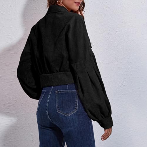 Women's Corduroy Cropped Jacket Button Down Long Sleeve Lapel Collar Casual Shacket Solid Color Fall Fashion Coats4