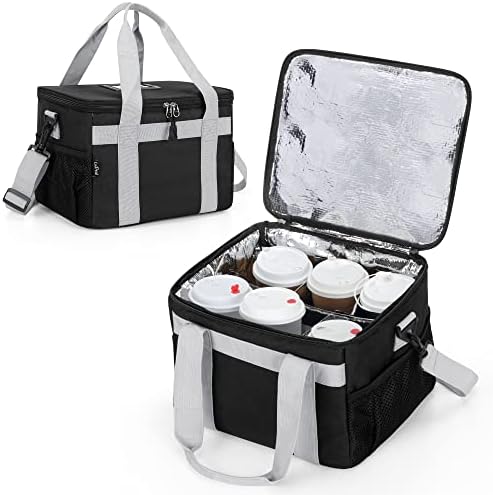 LoDrid Reusable 6 Cups Drink Carrier for Delivery with Bottom Padded Pad, Cup Holder Bag with Removable Dividers, Portable Drink Tote Bag with Shoulder Strap for Take Out, Outdoors, Travel, Black