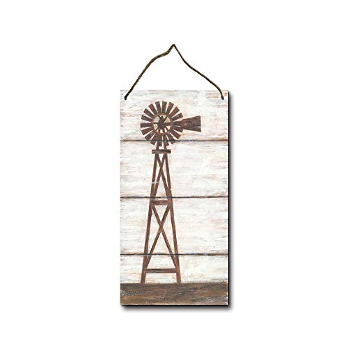 KPSheng Farmhouse Windmill Rustic Wood Hanging Sign Decorative Wall Decor 6x12 Inches