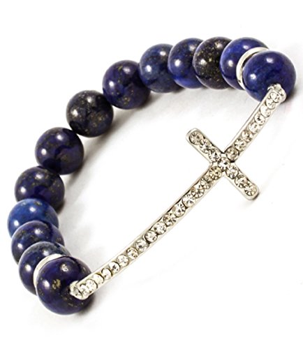 Accessory Accomplice Silvertone Crystal Sideways Curved Cross Navy Blue Semi-Precious Stone Bead Stretch Bracelet
