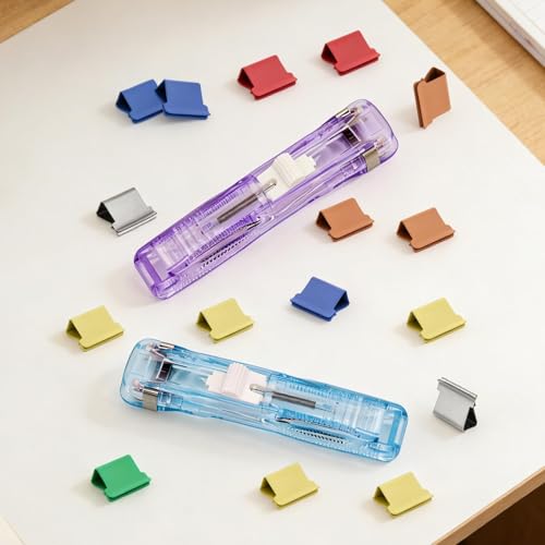 2 Stück tragbarer Clip-Drücker in Blau und Lila mit 100 wiederverwendbaren Druckclips, silber- und farbig-metallene Büroartikel in transparenter Box für die Organisation zu Hause, in der Papier Clip