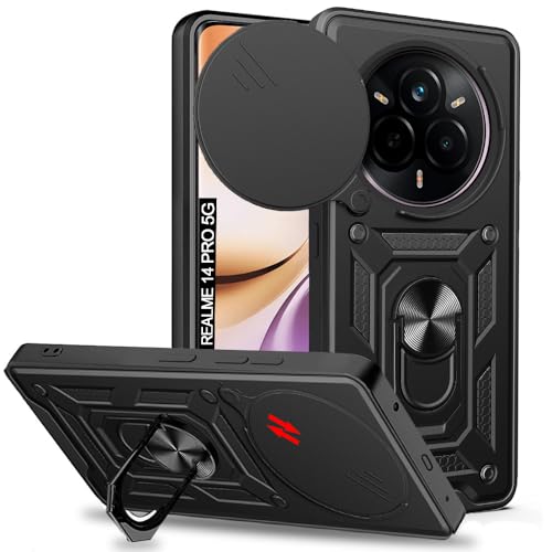 Image of AESTMO Tough Armor Realme 14 Pro 5G Bumper Back Case Cover | Ring Holder & Sliding Camera Cover | 360 Degree Protection Back Case Cover for Realme 14 Pro 5G (Black)