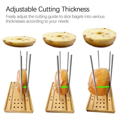 Bagel Slicer Cutter for Small and Large Bagels, Adjustable Stainless Steel Slicing Guide, Easy to Store Bamboo Base, Universal for English Muffins, Bread Roll, Buns