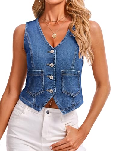 IVIR Denim Vest V Neck Jean Vest Tops for Women Sleeveless Button Down Denim Cropped with Pockets Casual Outfits Dark Denim Blue M
