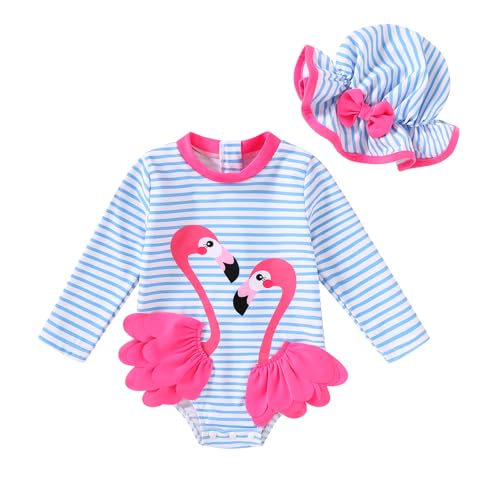 YOUNGER TREE Infant Baby Swimsuit Girl Long Sleeve One-Piece Rash Guard with Hat Zipper Bathing Suit Printed Swimwear (Striped Flamingo 6-12 Months)