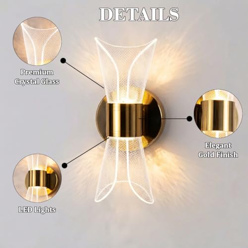 Image of fizzytech Crystal Aura LED Wall Light, Gold Finish Decorative Wall Lamp with 3 Colour Changing Modes for Living Room, Bedroom, Hallway & Home Decor