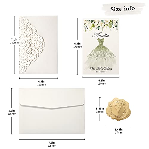 DORIS HOME 50pcs Laser Cut Quinceanera Invitations Green and Ivory White, 4.7x7.1 Personalized Quince Invitations for 15th Birthday, Invitation cards for Sweet 16 with Envelopes - Thumbnail 2