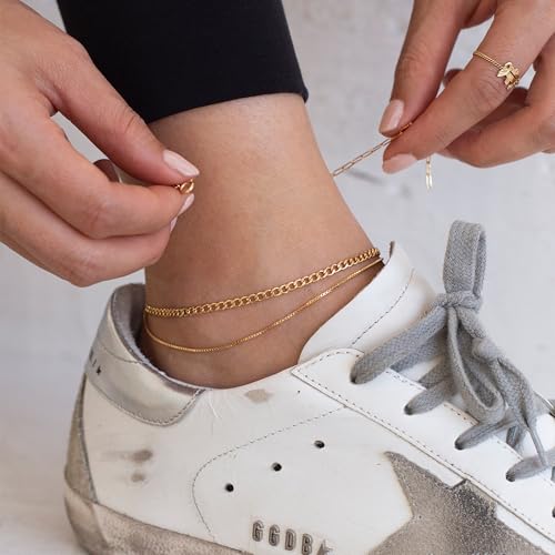 Image of Ritach Ankle Bracelets for Women - Silver /Gold Plated Stainless Steel Anklets for Women Waterproof Layered Cuban Link Figaro Chain Heart Anklets Set Summer Beach Jewelry Gifts