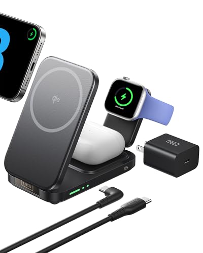 INIU 3 in 1 Wireless Charging Station, Qi2 Certified Mag Safe Travel Charger for Apple Multiple Devices, Foldable Charger Stand for Apple iPhone 16 15 14 13 12 Series Watch AirPods (with Adapter)