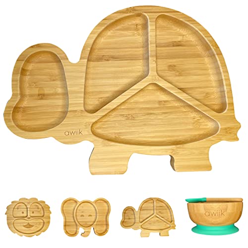 AWIIK - Plato de Bamboo con fuerte ventosa para Bebés y niños pequeños. Plato BLW de bambú antideslizante con succión. Plato infantil antivuelco para aprender a comer BLW (Turtle_Green) Cover
